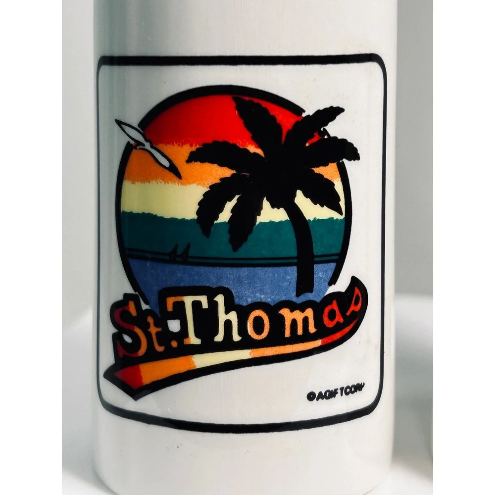 Vintage St. Thomas‎ USVI Salt and Pepper Shakers Retro Sunset Palm Tree Ceramic